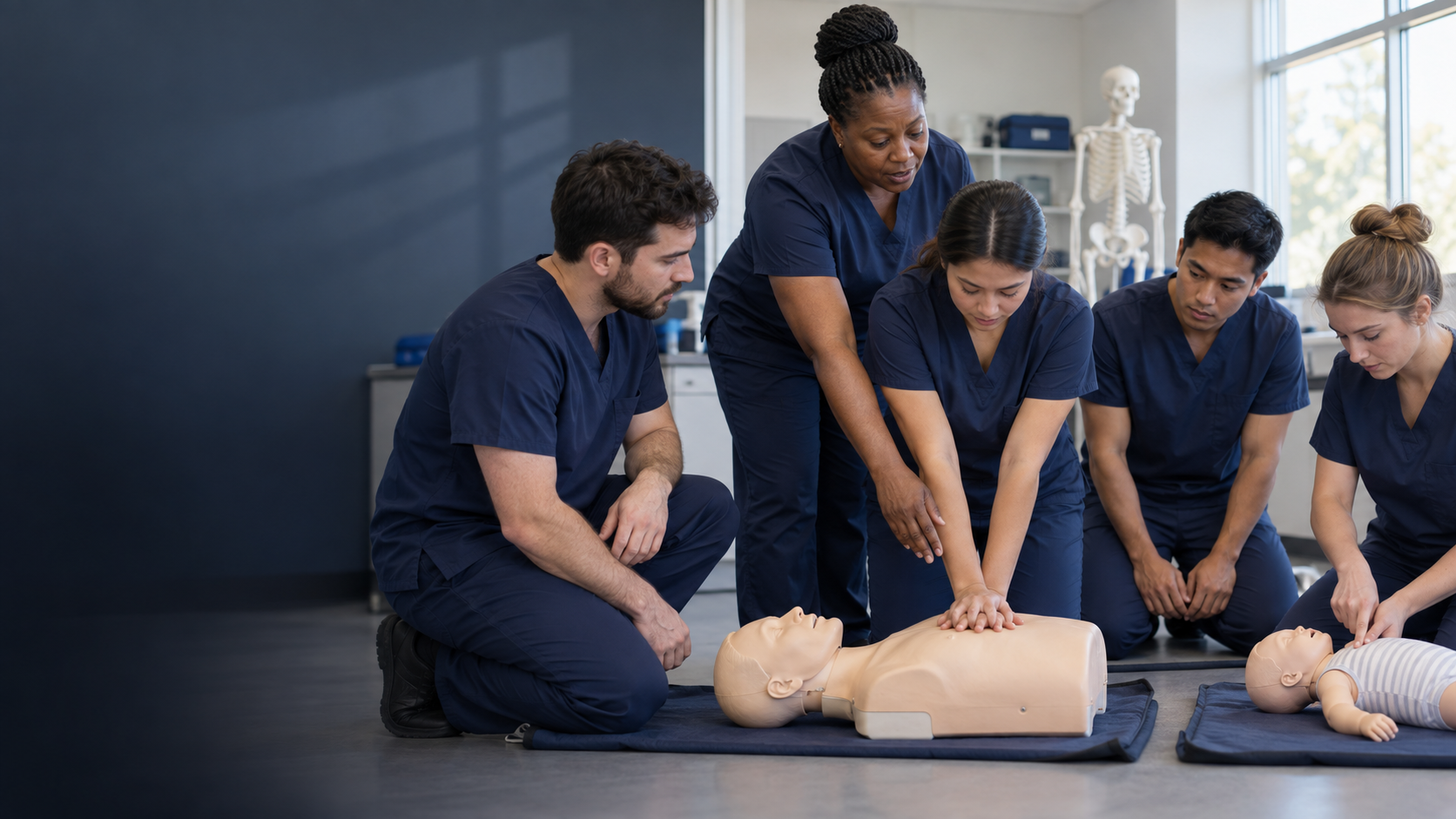 An instructor guiding learners during hands-on CPR practice